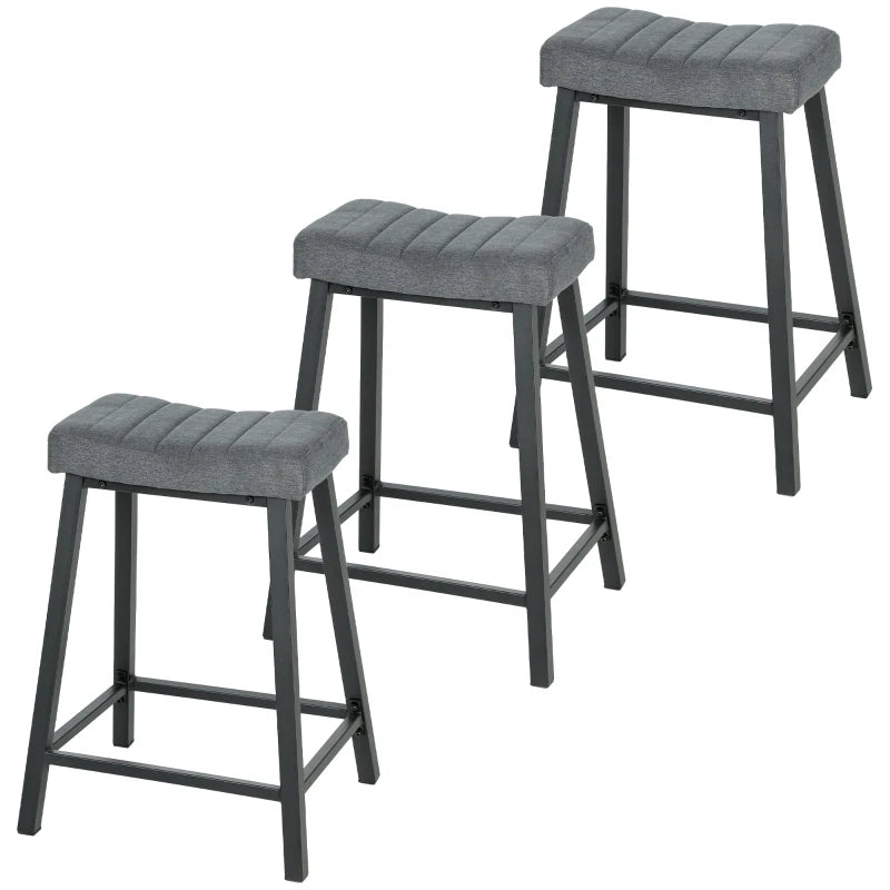 Set of 3 Bar Stools, Velvet Upholstered Counter Stools with Curved Seat and Footrest for Kitchen Island, Grey