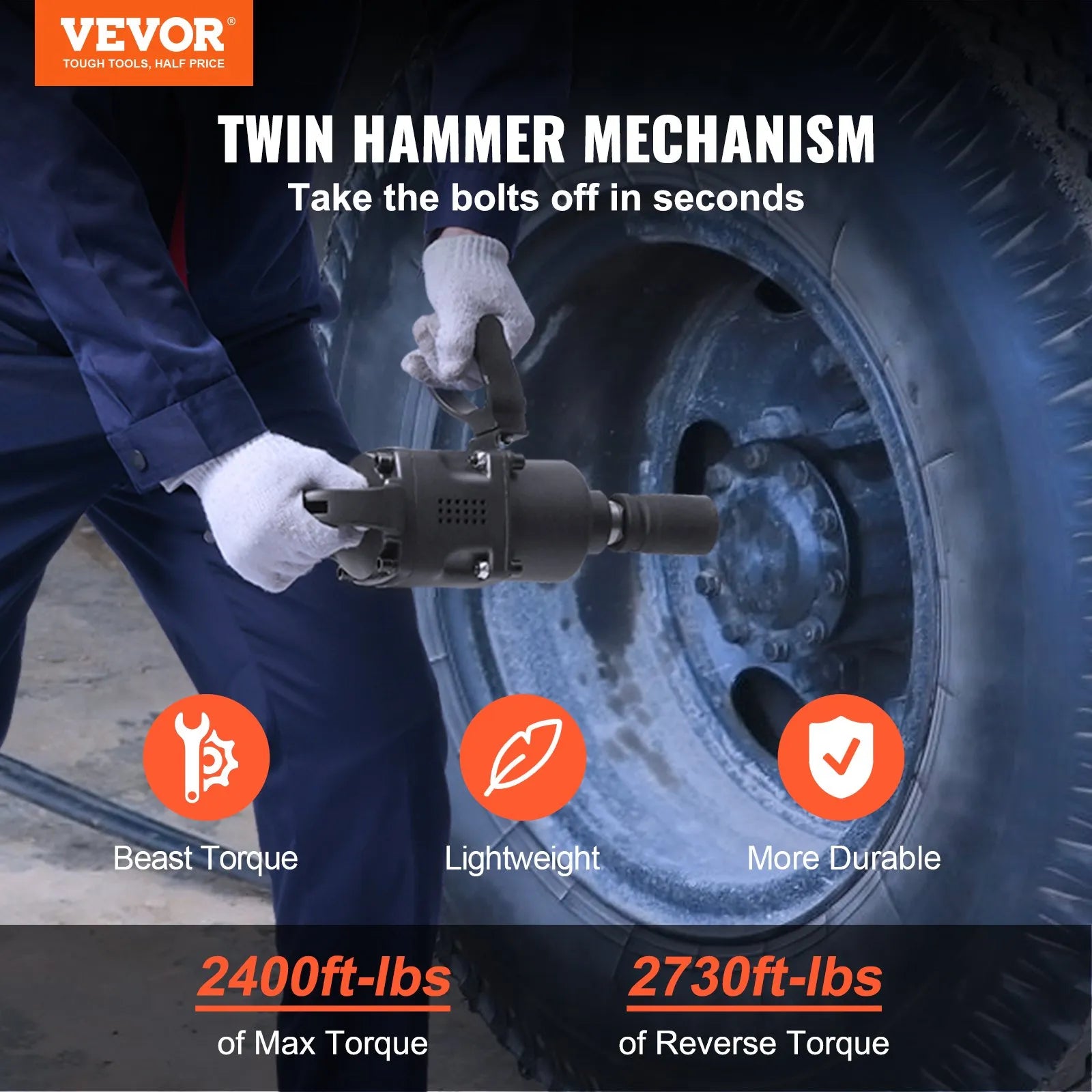 VEVOR 1 Inch Air Impact Wrench, Up to 2730 ft-lbs Reverse Torque Output 1" Pneumatic Impact Gun Lightweight w/ 2 Handles for Heavy Duty Repairs and Maintenance