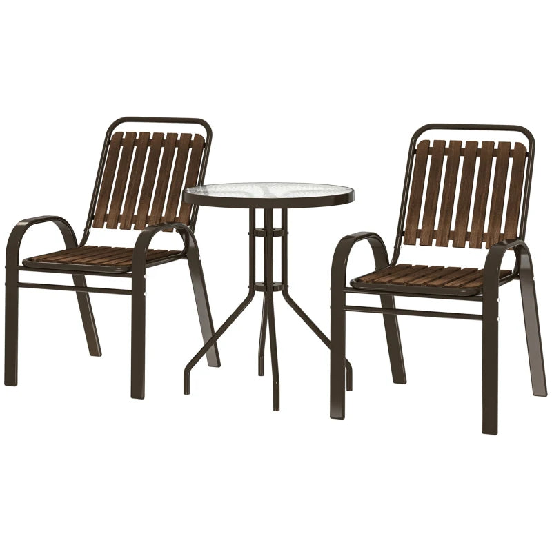 3 Pieces Patio Bistro Set, 2 Stackable Chairs with Tempered Glass Table, for Outdoor, Garden Backyard Porch, Dark Brown