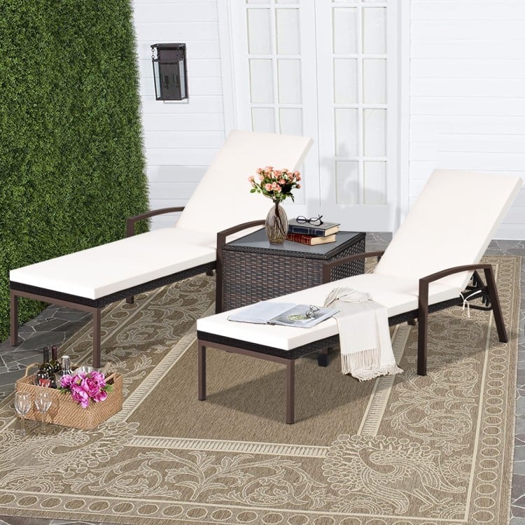 2 Pieces Patio Rattan Reclining Chaise Lounge Chair with Cushion and Armrest-Turquoise and White