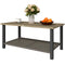 2-Tier Rectangle Outdoor Coffee Table, Patio Table with Wood-Effect Metal Top, Wicker Shelf for Garden, Backyard, Brown
