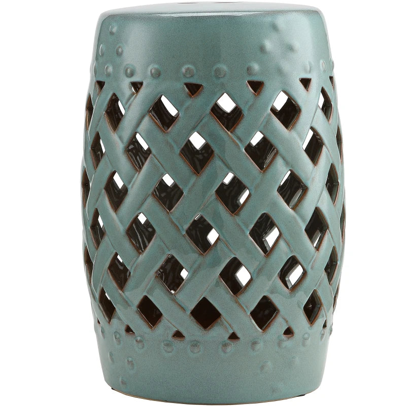 18" Ceramic Garden Stool with Woven Lattice Design, Indoor & Outdoor Decorative Accent Stool, Blue