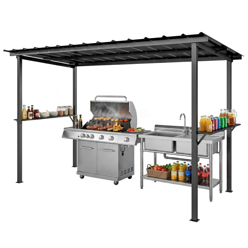 12' x 6' Hardtop Grill Gazebo, BBQ Gazebo with 2 Side Shelves and Galvanized Metal Slope Roof, Black