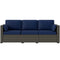 3-Seater Outdoor Sofa with Cushions, PE Rattan Conversation Patio Couch with Pillows for Garden, Poolside, Blue/Brown