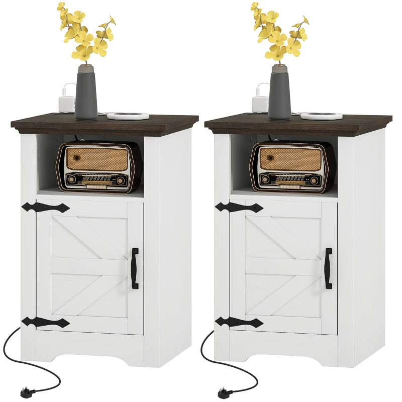 Set of 2 Side Tables, Night Stands with Charging Outlets, White