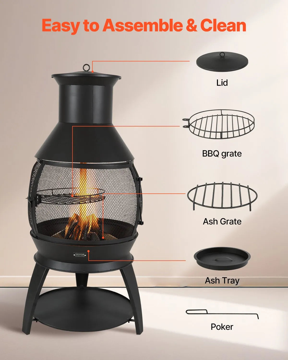 VEVOR 22 Inch Chiminea Outdoor Iron Fireplace with Grill Mesh & Chimney Coat