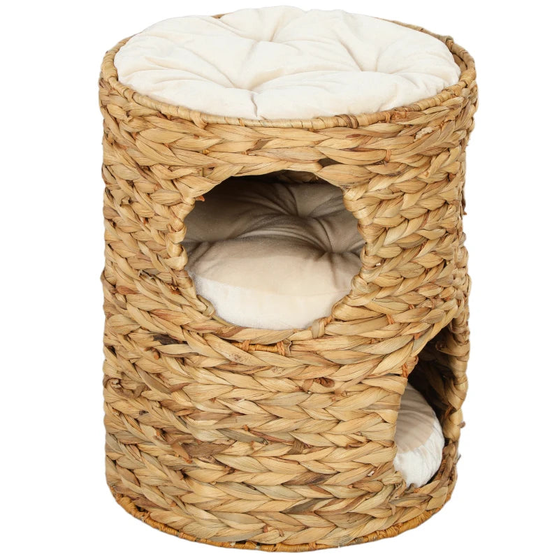 2-Storey Cat Condo Barrel, Small Cat Tree Tower with Top Perch and 2 Hideaways, 2 Entrances, 3 Cushions, Light Brown