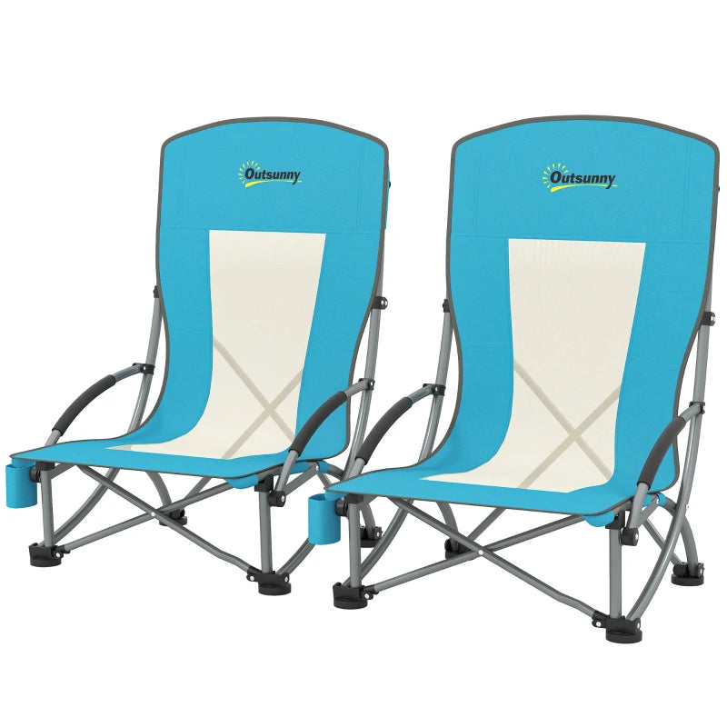 Set of 2 Folding Beach Chairs with Mesh Back, Carry Bag and Cup Holder for Outdoor Camping Lawn, 27.6" x 22.8" x 31.1"