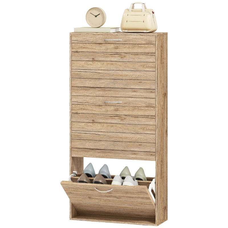 Shoe Storage Cabinet with 3 Flip Drawers, Narrow and Slim, 12 Pair of Shoes Organizer for Hallway, Entryway, Oak