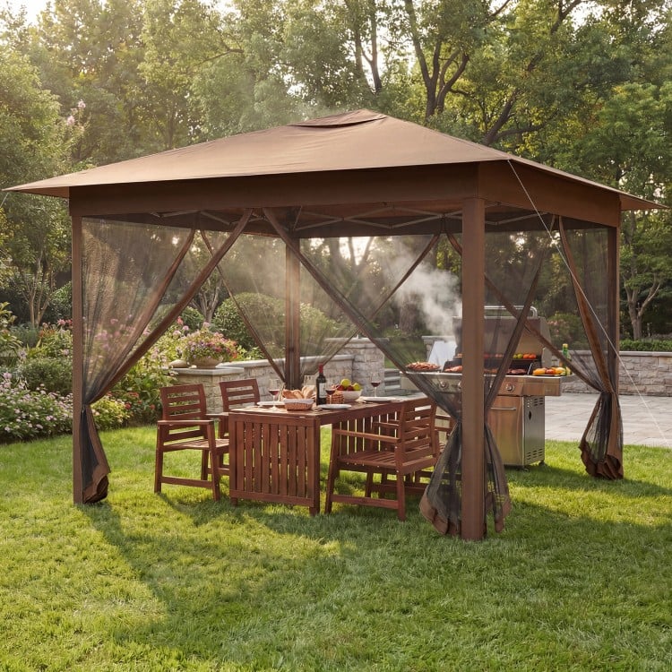 11.5 x 11.5 FT Pop-up Canopy Instant One-Person Setup with Mesh Screen Netting-Brown