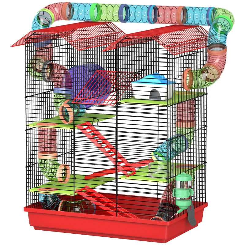 18.5" Hamster Cage, 5 Tiers Small Animal House with Tunnel Tube System, Exercise Wheel, Water Bottle, Red
