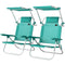 2 Piece Folding Beach Chairs with Adjustable Canopy, 6-Position Reclining Lounge Chair with Headrest, Turquoise