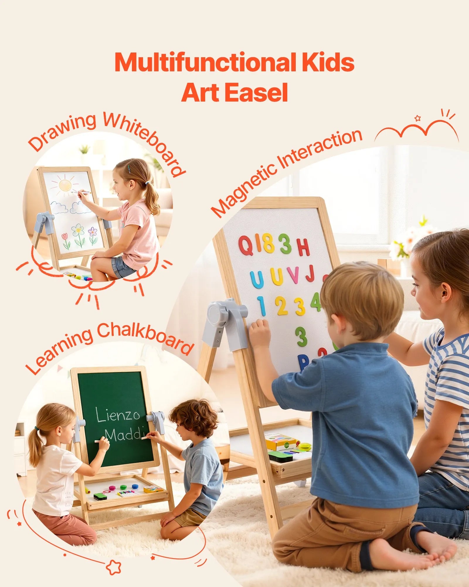 VEVOR 2-in-1 Kids Art Easel Double-Sided Wooden Magnetic Whiteboard Chalkboard