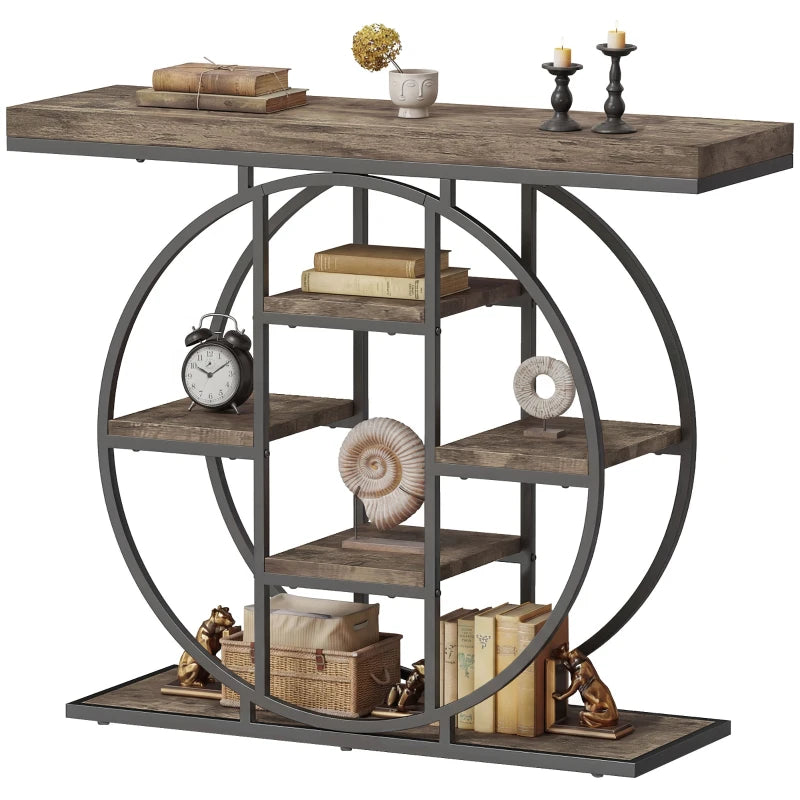 39.4" Console Table with Storage Shelves, Industrial Sofa Table for Living Room, Hallway, Rustic Brown