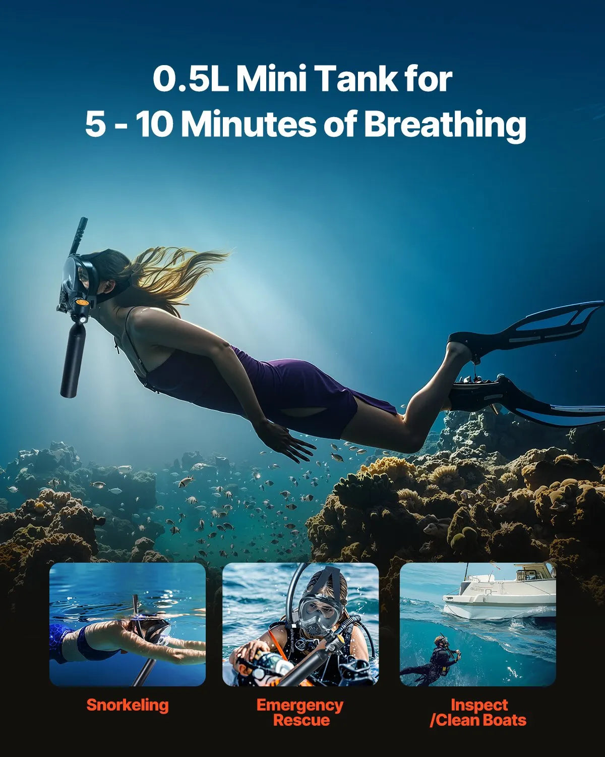 VEVOR 0.5L Scuba Tank 98.43 ft Diving Depth Lung Tank Kit with Snorkel Mask