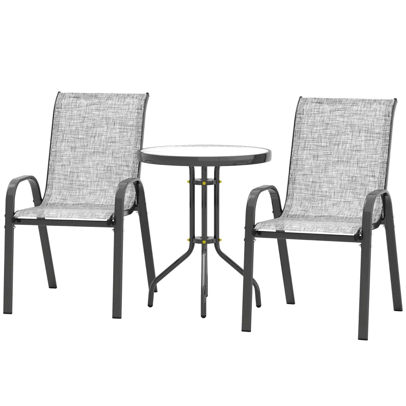 3 Pieces Bistro Set, Small Patio Furniture Set with Stackable Mesh Chairs, Glass Table for Garden, Balcony, Grey