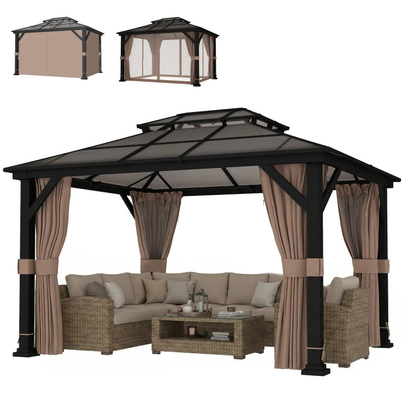 10' x 12' Hardtop Gazebo Canopy with Double PC Roof, Steel Permanent Outdoor Gazebo with Curtains and Netting, Khaki
