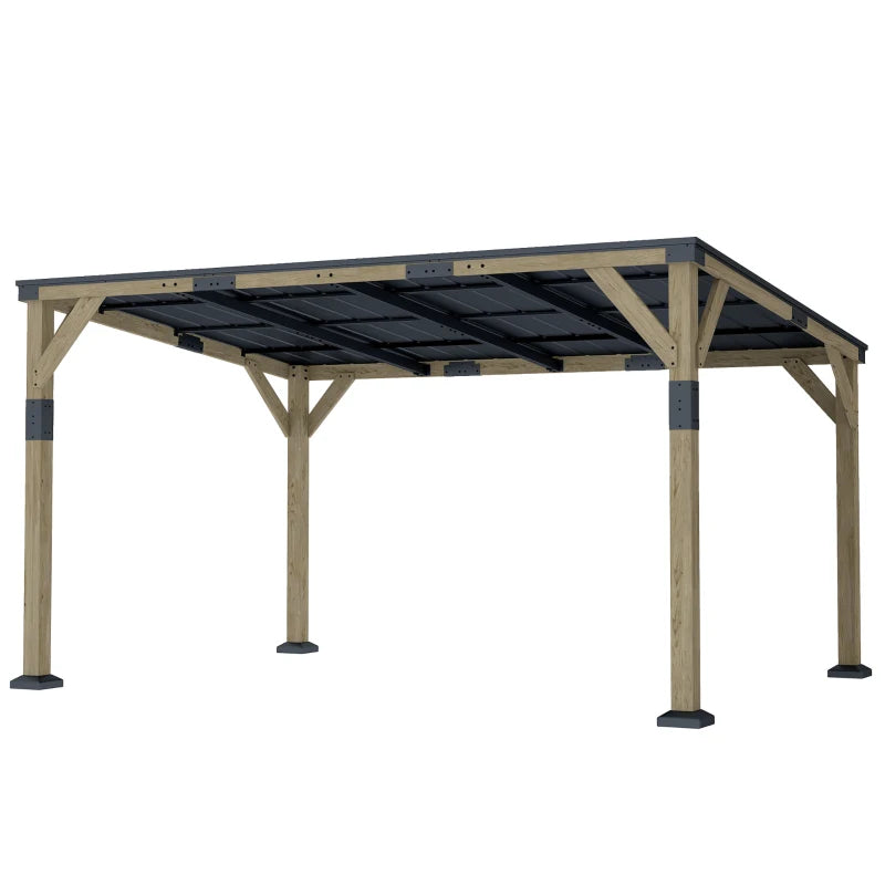 14' x 10' Gazebo, Lean to Galvanized Steel Hardtop Gazebo Pergola with Wood Frame, Patio Gazebo Awning, Dark Grey