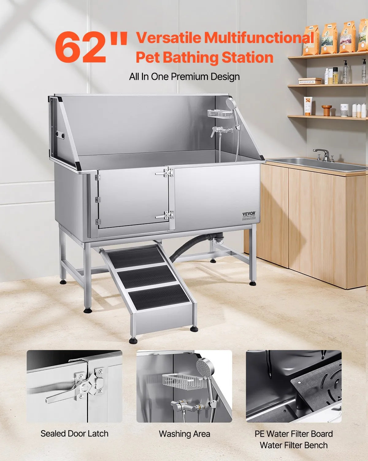 VEVOR 62 Inch Dog Grooming Bath Tub Stainless Steel w Ramp Water Filter Left