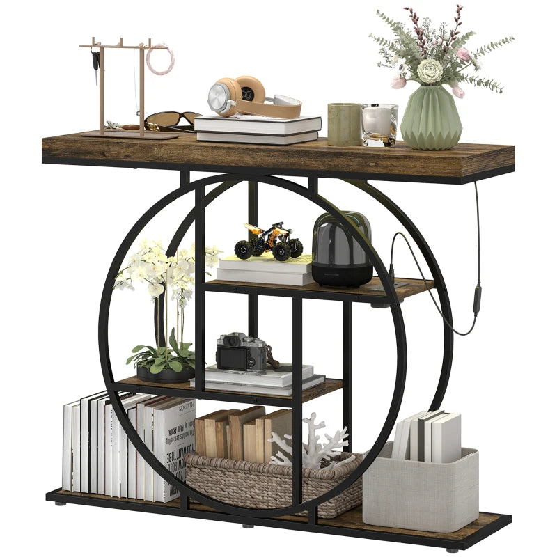 4-Tier Entryway Table with Charging Station LED Lights 39" Console Table with Circle Base for Living Room, Rustic Brown