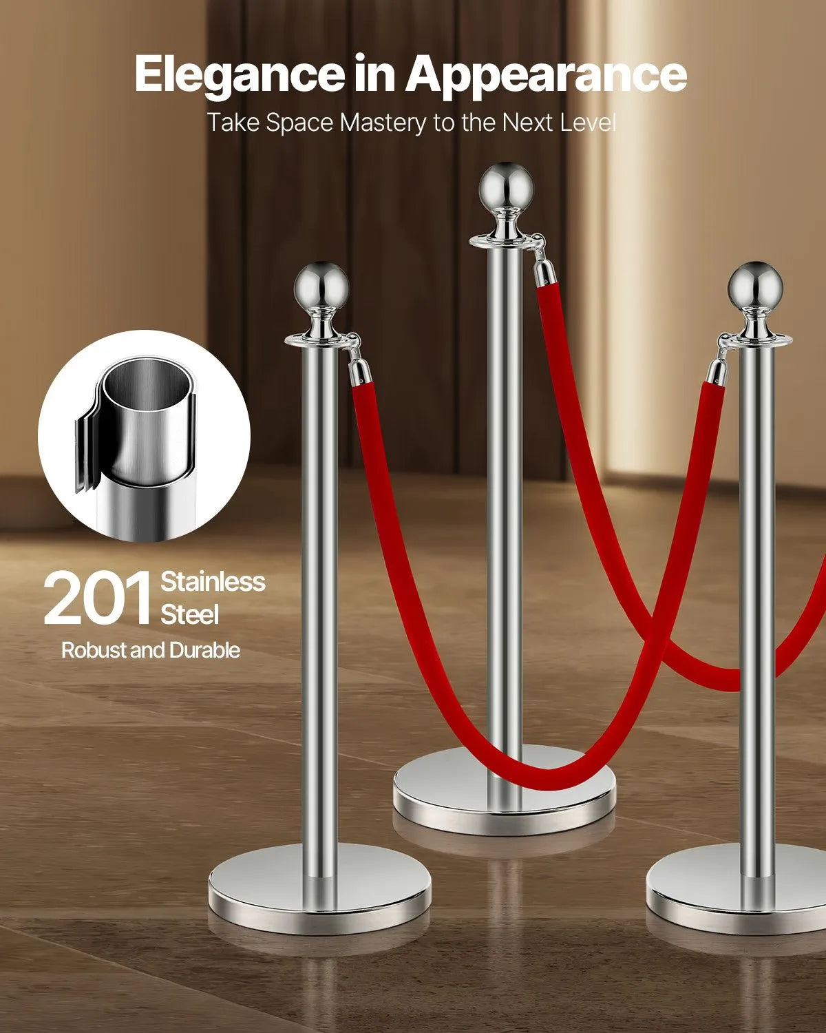 VEVOR 6 Pcs Silver Stanchion Post 3 Red Velvet Ropes Sand Injection Hollow Base
