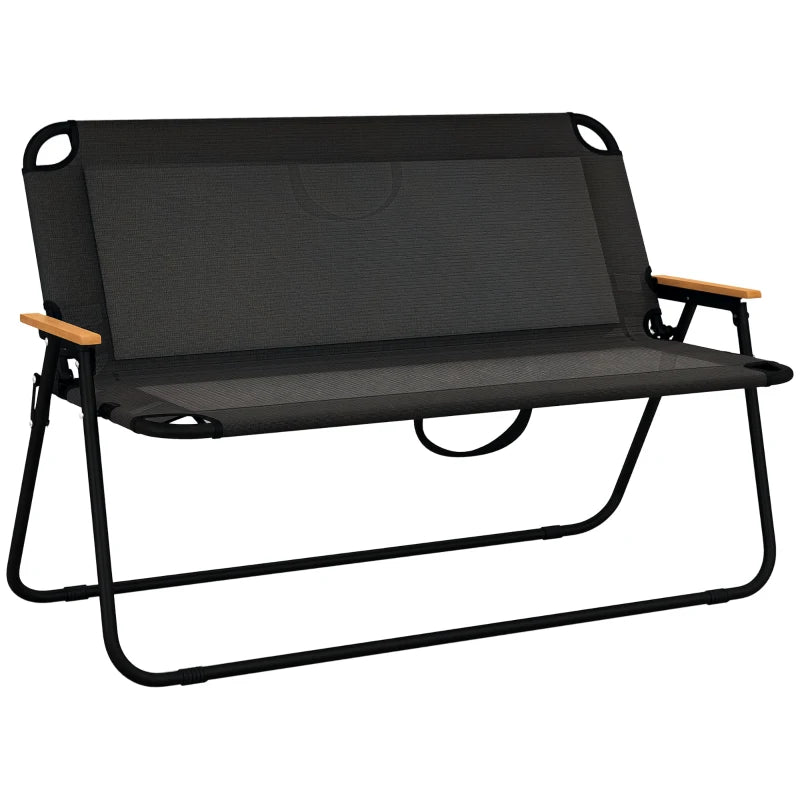 2-Seat Folding Patio Bench Camping Chair, Sports Chair with Armrest, Mesh Fabric Seat for Lawn, Black