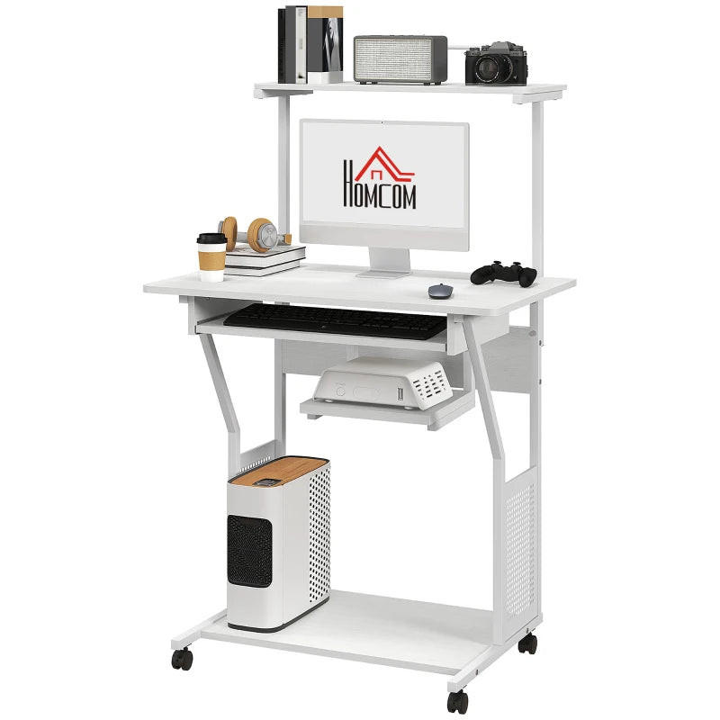 32" Mobile Computer Table, Rolling Study Desk for Home Office with Keyboard Tray, Storage Shelves, Wheels, White
