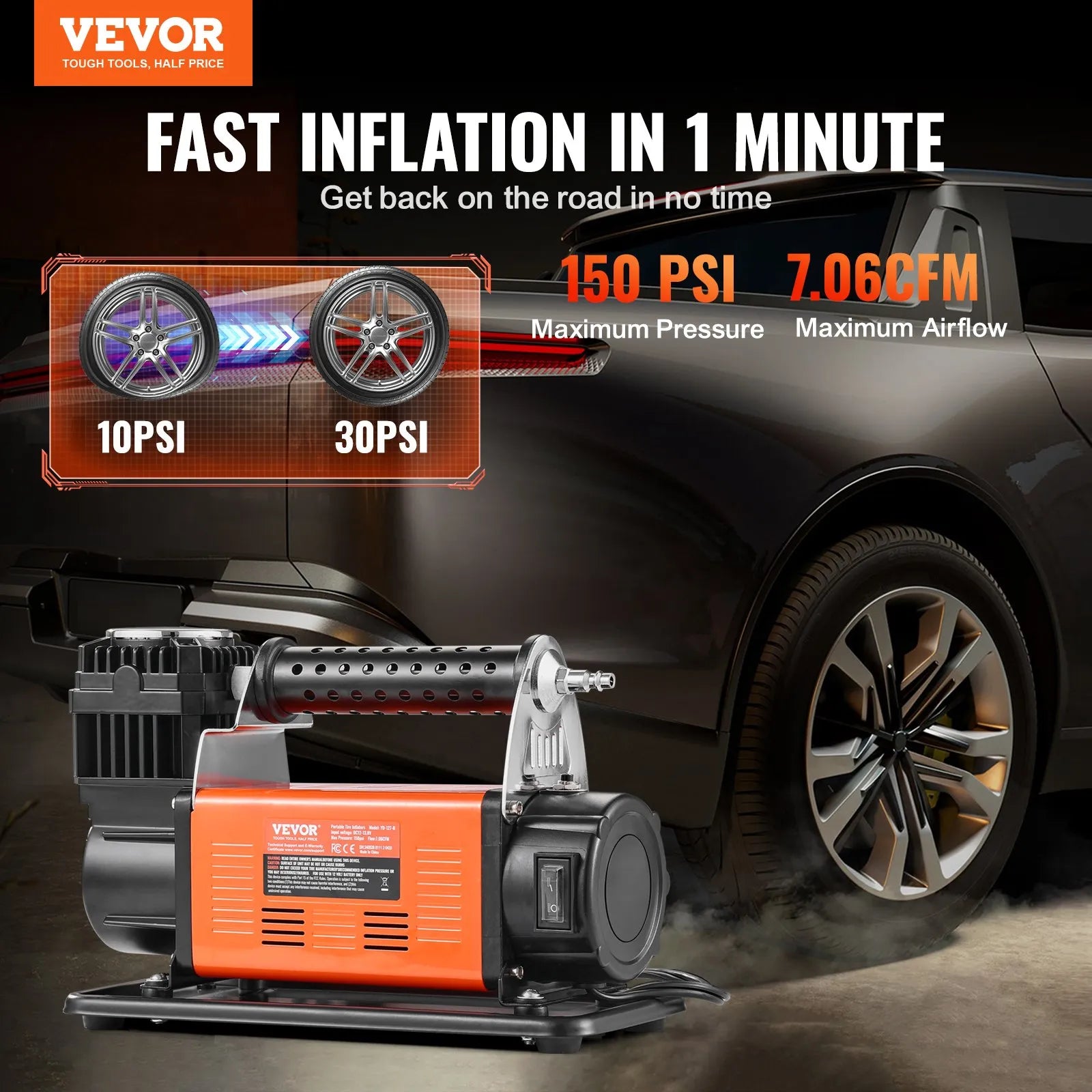VEVOR 12V Heavy Duty Portable Air Compressor Car Tire Inflator 7.06CFM 150PSI