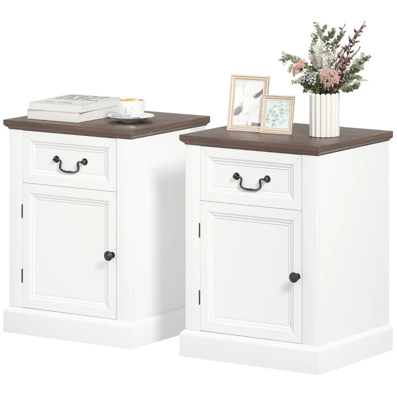 Side Table Set of 2, End Tables with Drawer and Cabinet, Nightstands for Small Spaces, Living Room, White