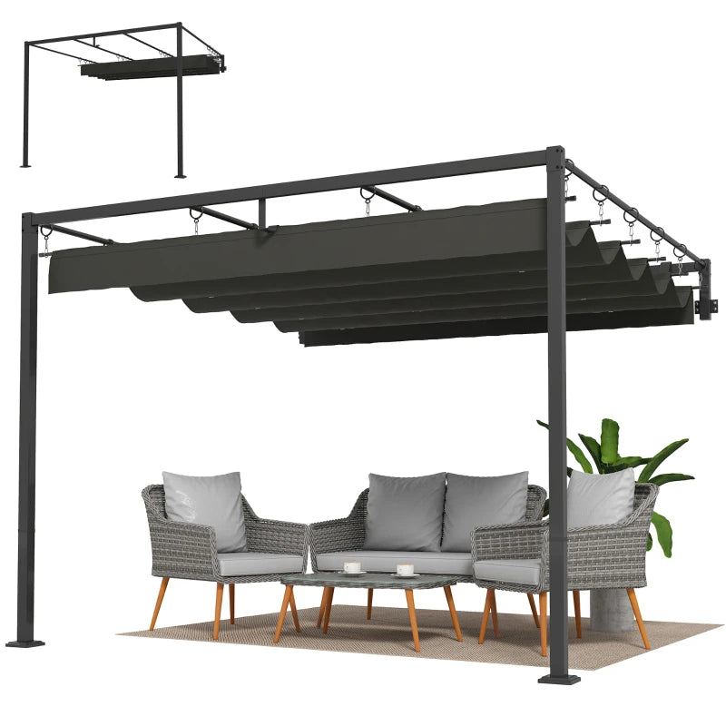10' x 10' Retractable Pergola Canopy, Wall-Mounted Pergola, Outdoor Sun Shade Shelter for Garden, Balcony, Dark Grey
