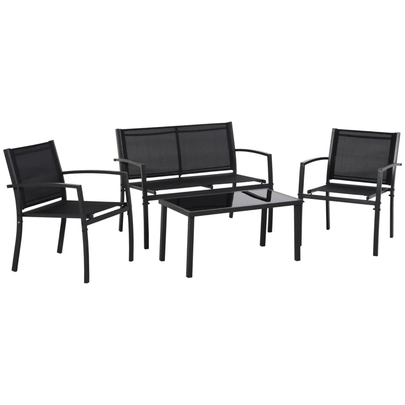 4-Piece Patio Furniture Set with Glass Top Coffee Table, Breathable Mesh Seat & Backrest for Garden, Balcony, Black