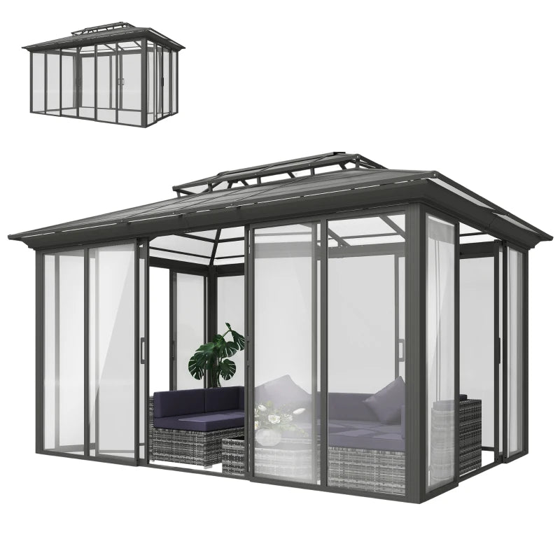 10' x 14' Outdoor Hardtop Gazebo, Aluminum Sun Room Solarium with Sliding Doors, Double Roof Patio Gazebo, Dark Grey