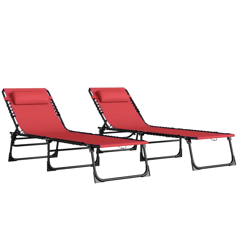 2 PCs Folding Lounge Chairs, Adjustable Chaise Lounge with Headrest, Reclining Lounger Cot for Camping, Hiking, Wine Red