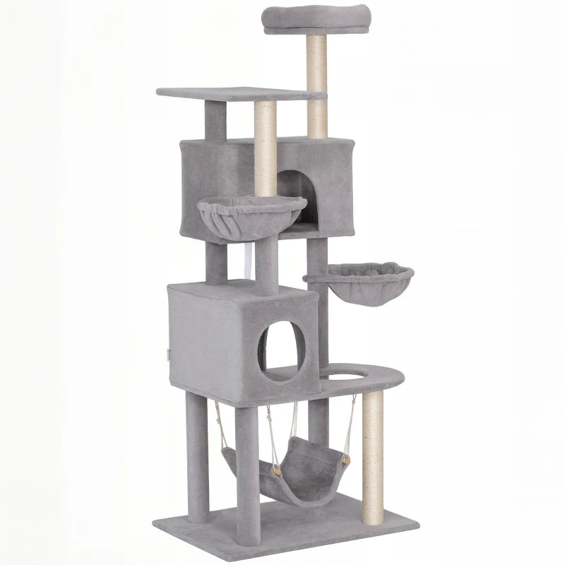 66 Inch Large Cat Tree with 2 Door Condos, 3 Big Hammocks, Plush Top Perch, Sisal Scratching Posts, Light Grey