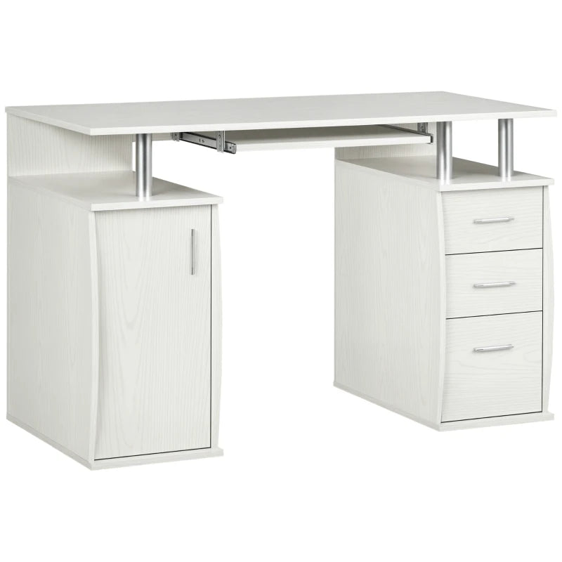 47" Computer Desk with Keyboard Tray and Storage Drawers, Home Office Workstation Table with Storage Shelves, White