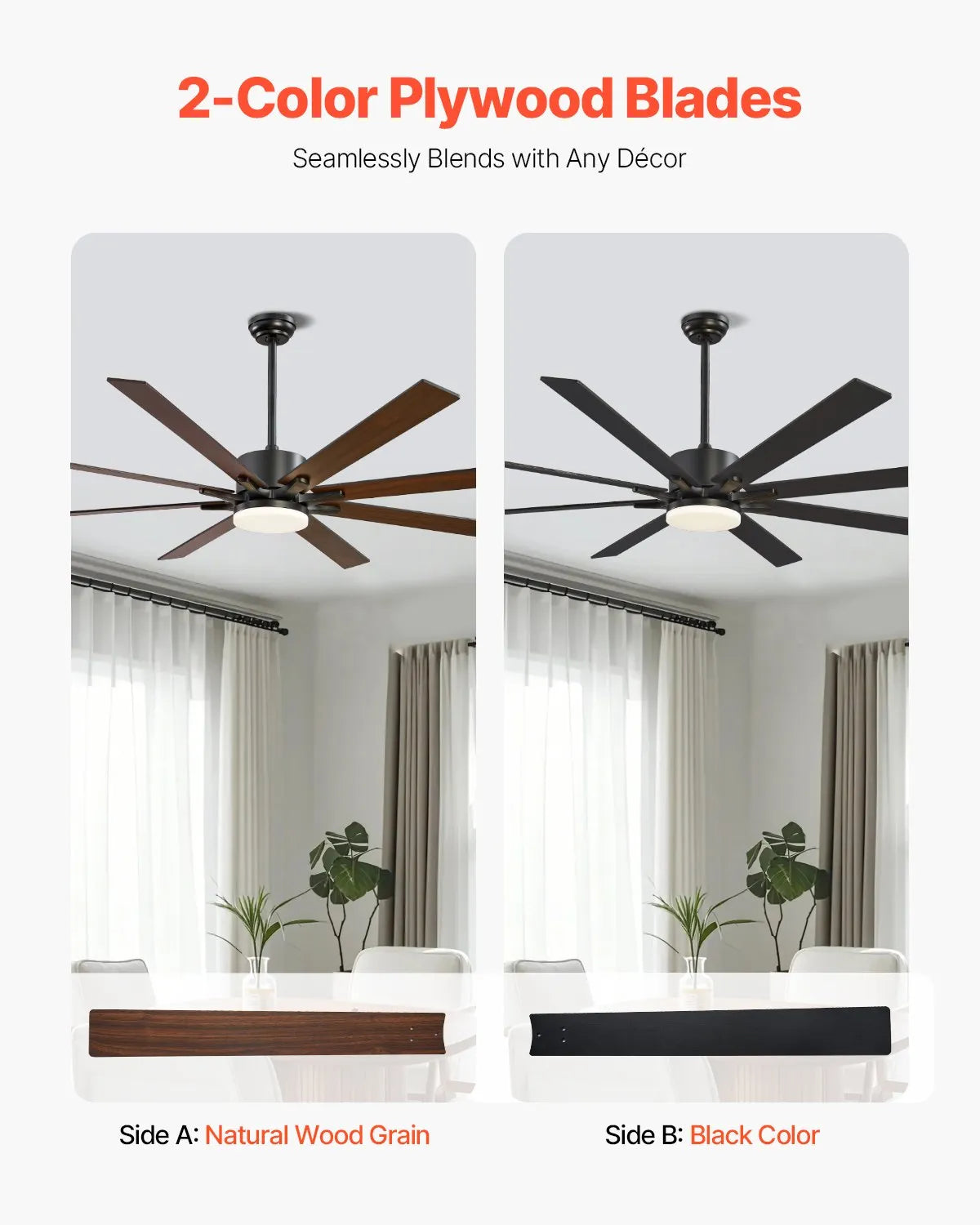 VEVOR 72 In Ceiling Fan with Light 6-Speed Remote Control Reversible Motor Black