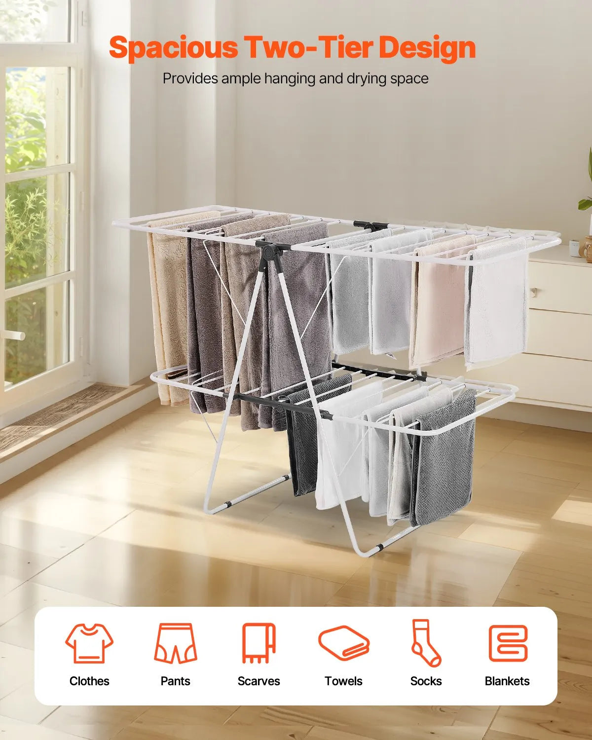 VEVOR 2-Tier Foldable Clothes Drying Rack with Sock Clips & 31 Drying Rods White