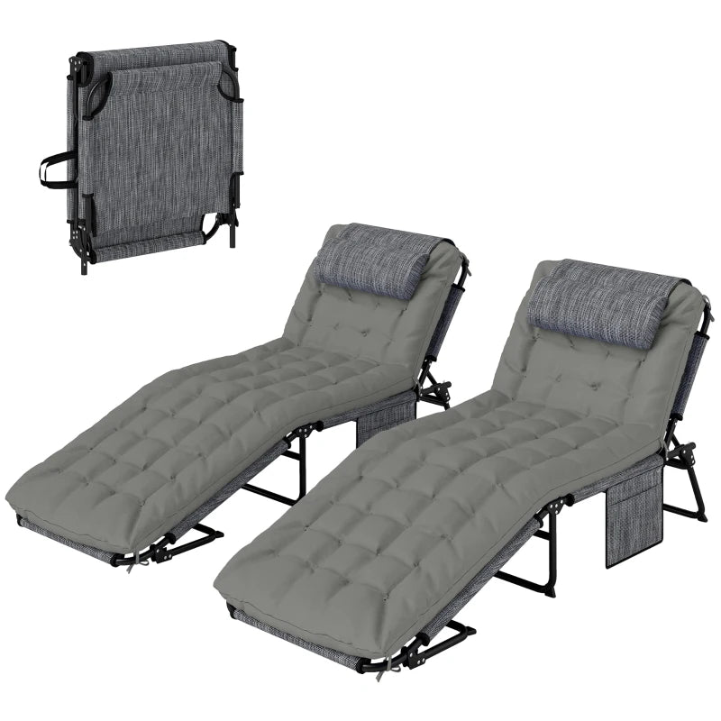 2-Piece Folding Lounge Chairs with Adjustable Backrest, Tanning Chair with Cushion, Side Pocket, Headrest, Grey