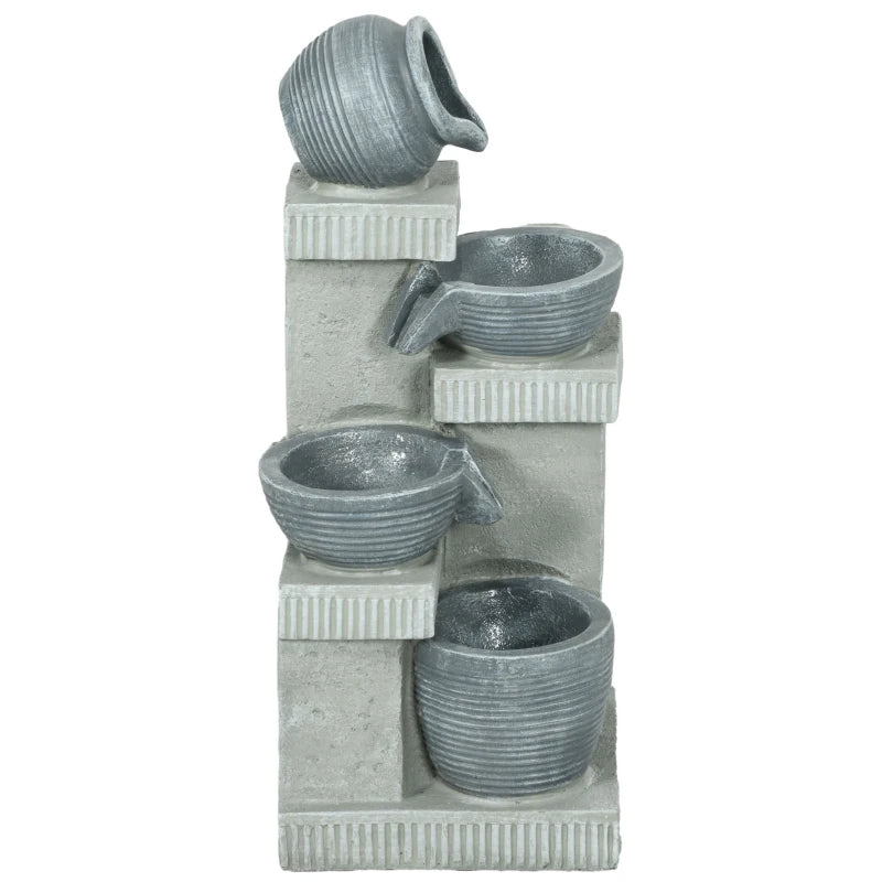 4-Tiered Outdoor Jar and Bowls Water Fountain with LED Lights, Adjustable Flow, 26.4-inch Resin Waterfall Fountain