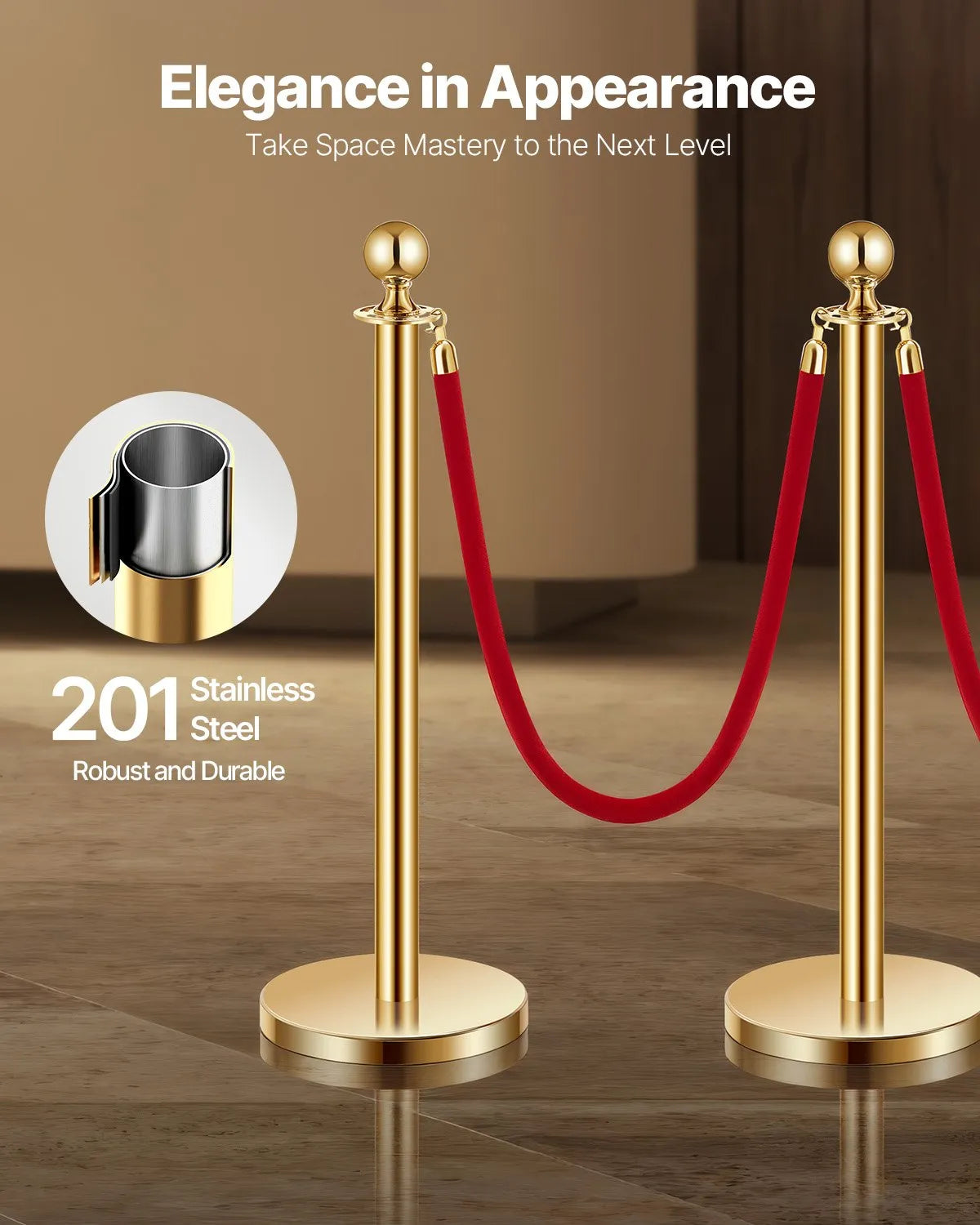 VEVOR 4 Pcs Gold Stanchion Post 3 Red Velvet Ropes Sand Injection Hollow Base