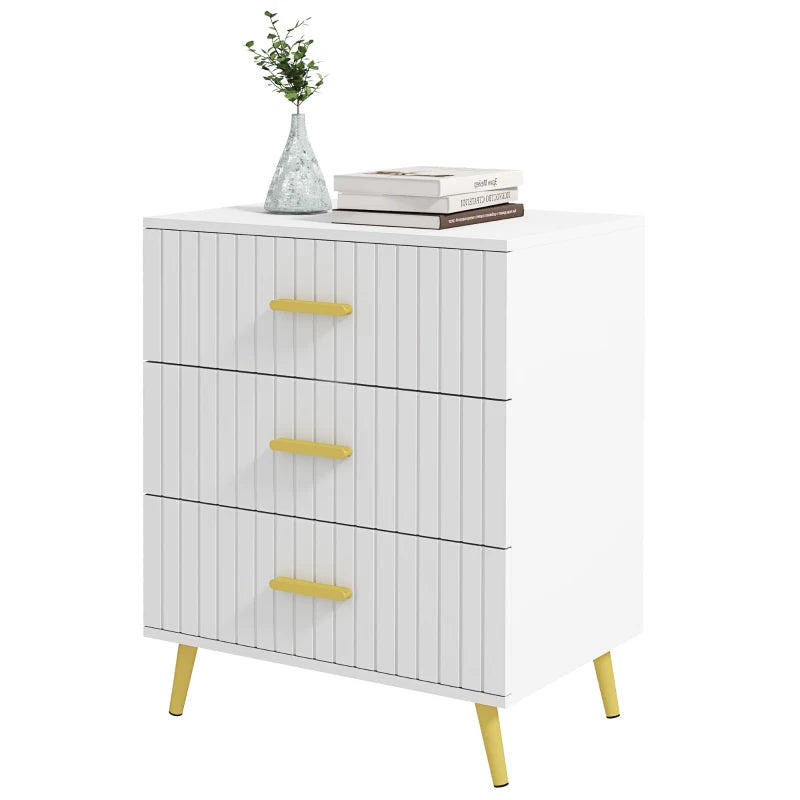 3 Drawer Cabinet, Drawer Chest for Bedroom, Chest of Drawers with Aluminium Legs and Gold Handles, White