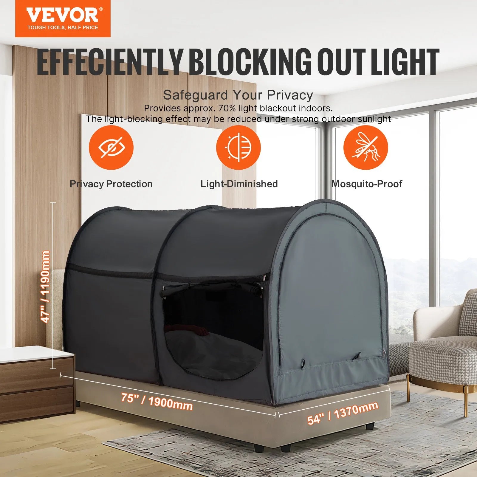 VEVOR 4 Doors Bed Tent Breathable Tent Light Blackout with 0.28 in Fiber Poles