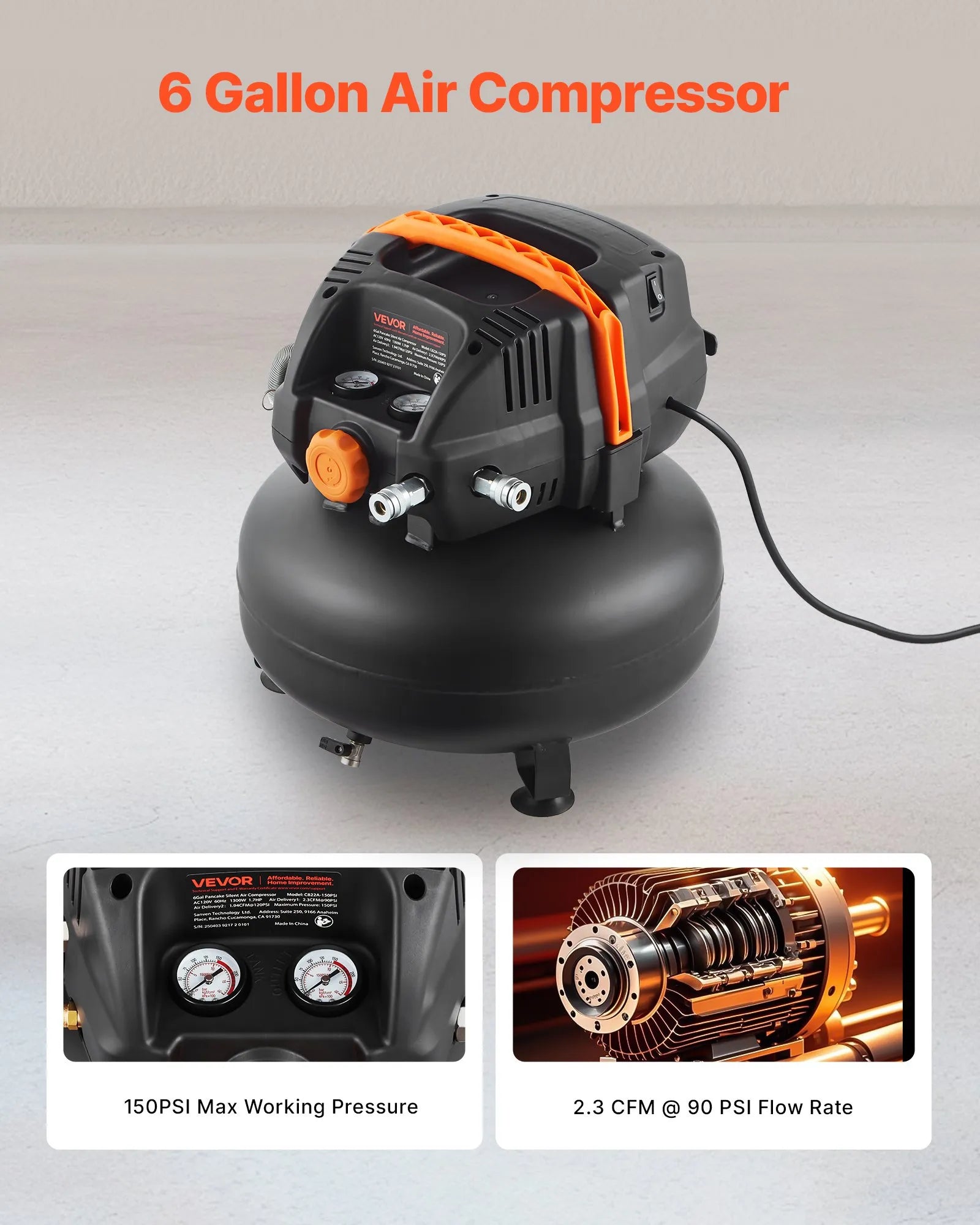 VEVOR 6 Gallon Air Compressor 1.7HP 2.3CFM @ 90PSI & 150PSI Max Working Pressure