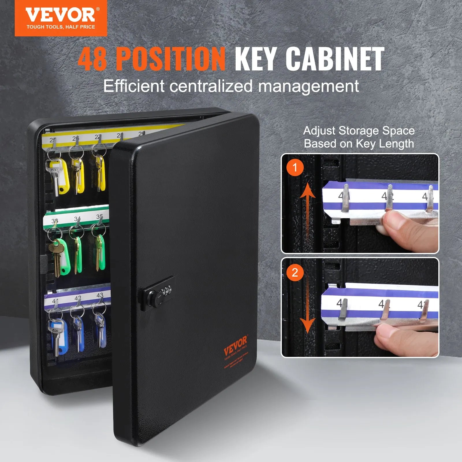 VEVOR 48-Key Cabinet, Key Safe with Combination & Key Lock, Digital Security Storage Box Steel Key Organizer with Adjustable Racks, 48 pcs Colorful Key Tags and A Record Card for School, Office, Hotel