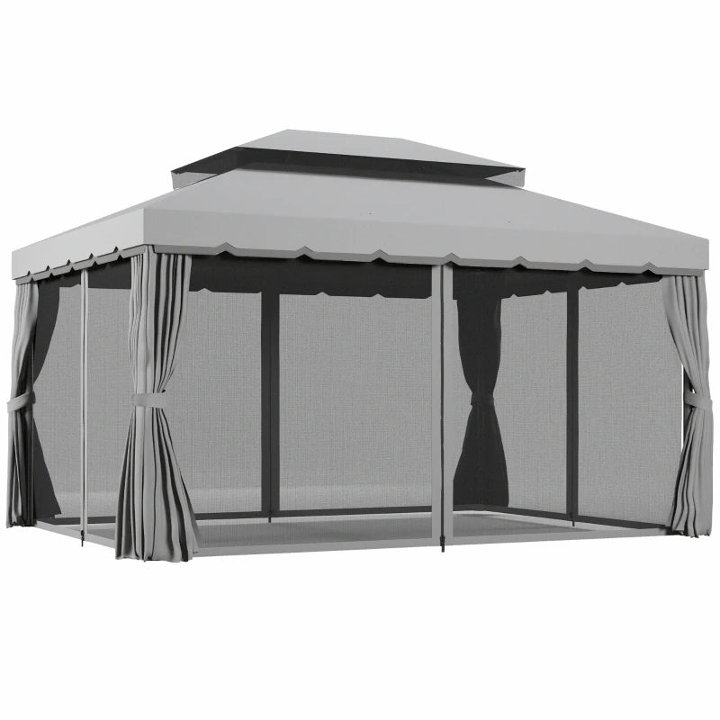 13' x 10' Patio Gazebo Canopy with 2-Tier Polyester Roof, Vented Mesh Sidewall & Strong Aluminum Frame, Light Grey