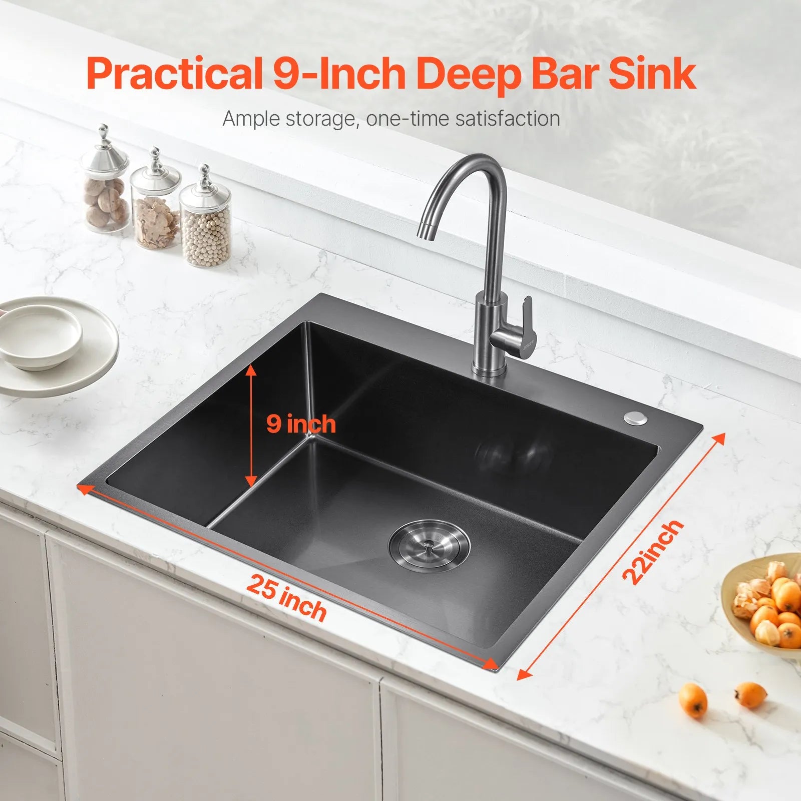 VEVOR 25" Kitchen Sink Top Mount Single Bowl Drop-In Basin Stainless Steel Black
