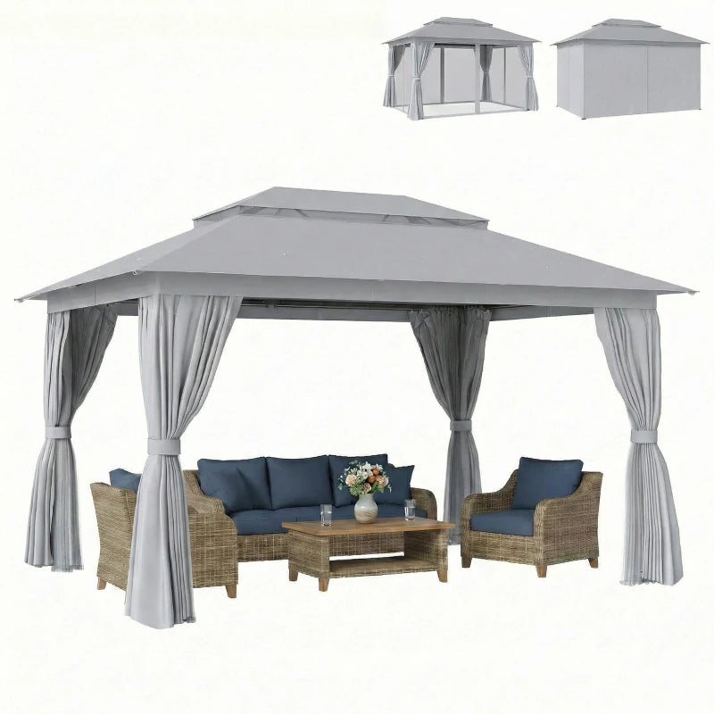 10' x 13' Patio Gazebo, UPF50+ Double Roof Outdoor Gazebo Canopy with Netting and Curtains, Steel Frame, Dark Grey
