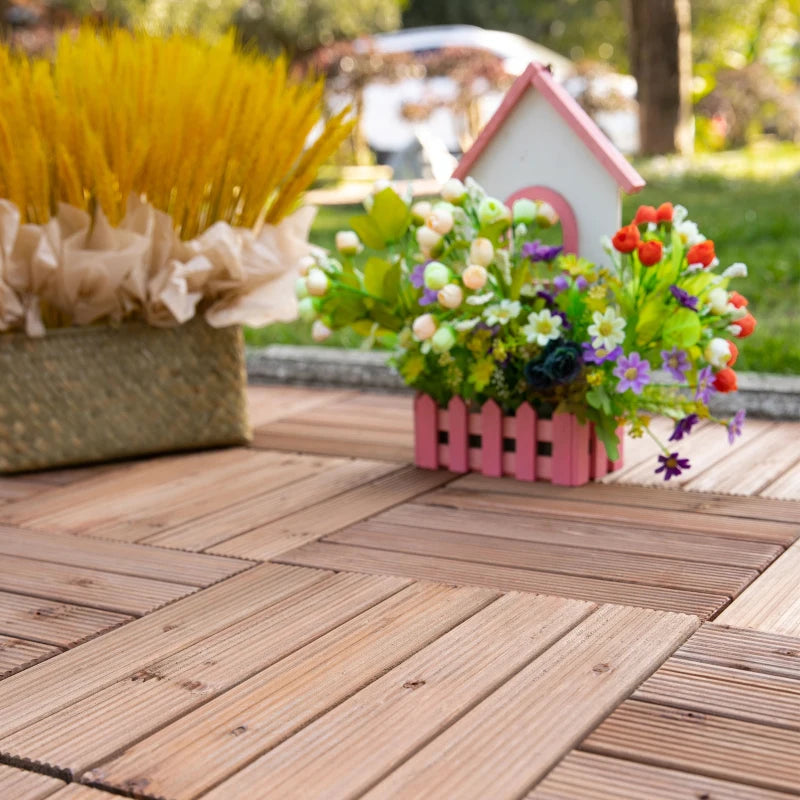 27 Pcs Wood Interlocking Deck Tiles, 12 x 12in Outdoor Flooring Tiles for Indoor and Outdoor Use, Tools Free Assembly, Brown