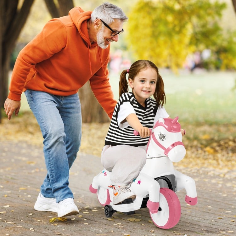 12V Unicorn Ride on Toy with Training Wheels and Horse Riding Mode-Pink