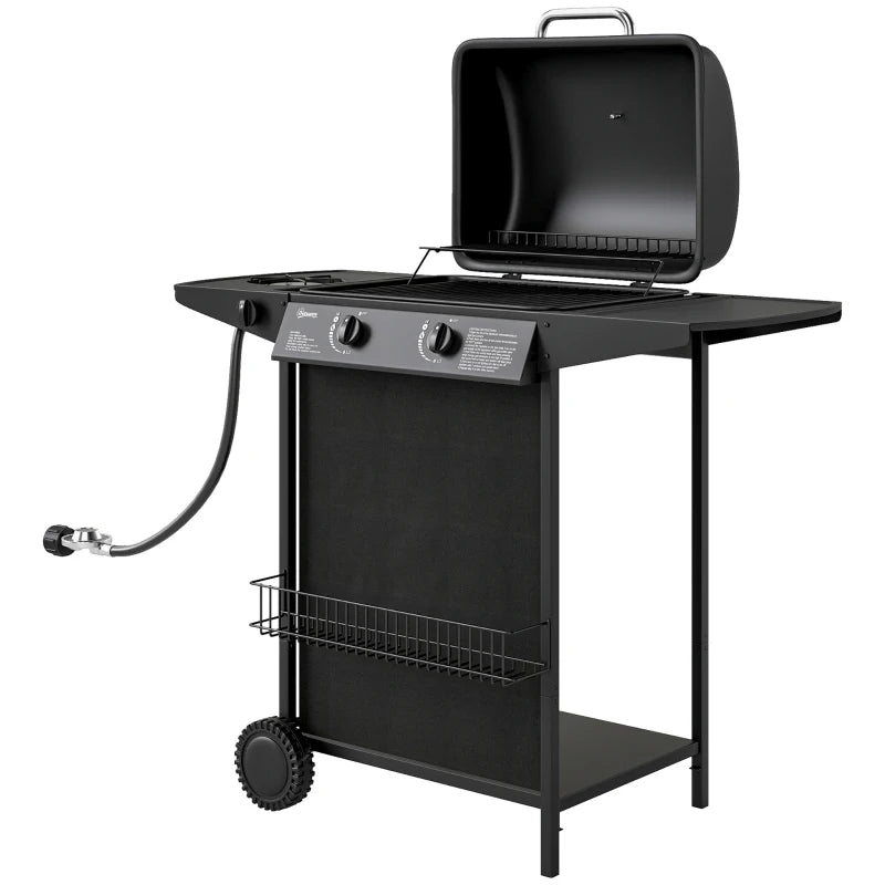 2+1 Burner Propane Gas BBQ Grill, Portable Gas Barbecue Grill with Side Burner, Thermometer, Lid, Side Table, Shelf, Spice Rack, Wheels, Grease Cup for Garden, Black